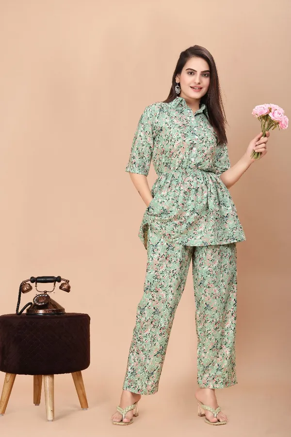 Women'S_Green_Floral_Print_Co-Ord_Set_With_Belt