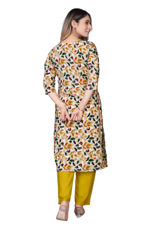 Women'S_Off-White_Floral_Print_Kurta_With_Yellow_Pants_Set