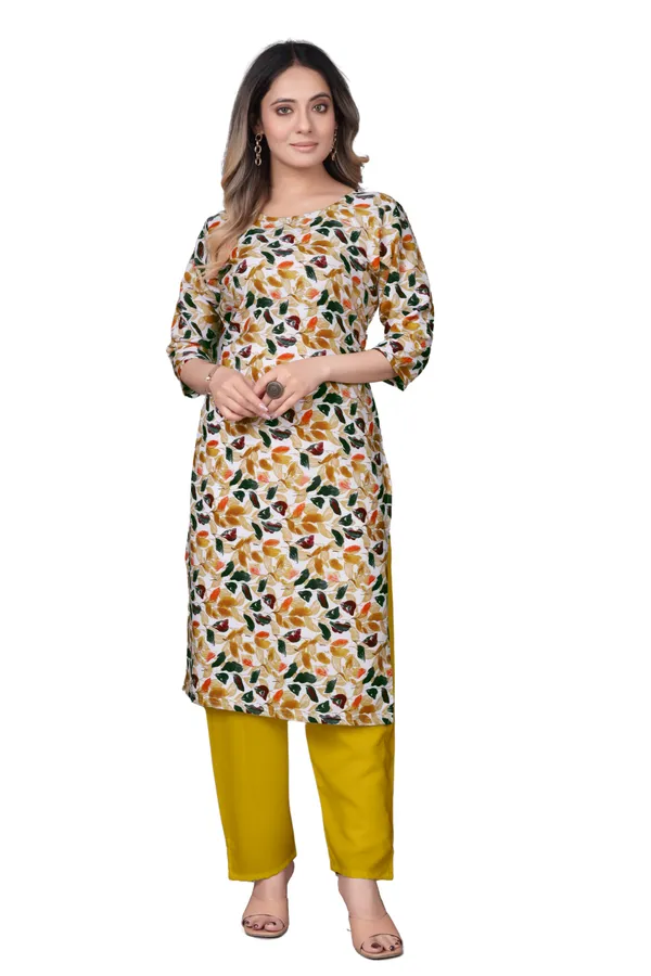 Women'S_Off-White_Floral_Print_Kurta_With_Yellow_Pants_Set