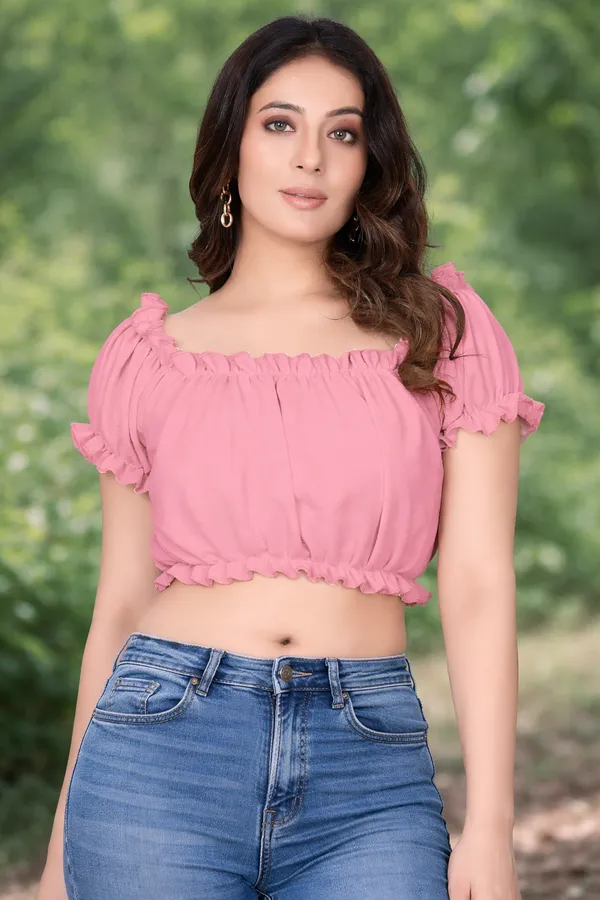 Women'S_Pink_Ruffle_Crop_Top_With_Off-Shoulder_Design