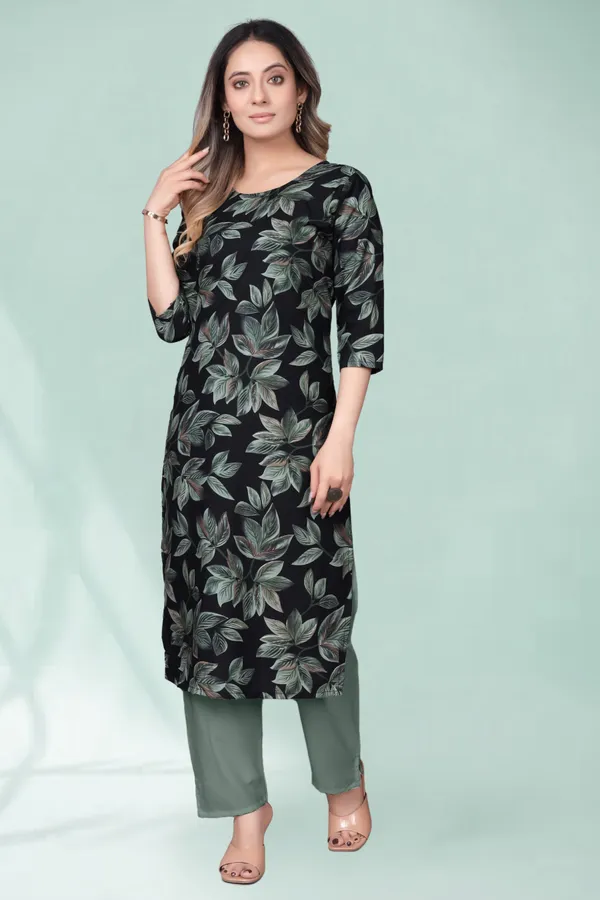 Women'S_Black_And_Green_Floral_Print_Three-Quarter_Sleeve_Kurti