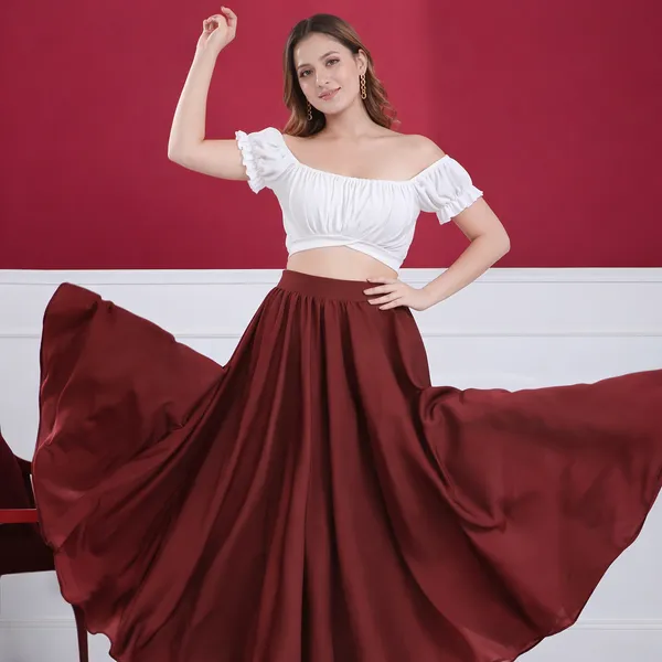 Women'S_Two-Piece_Peasant_Top_And_Flared_Skirt_Set_-_White_Crop_Top_With_Maroon_Skirt
