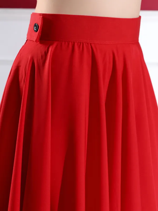Women'S_Red_Asymmetric_Hem_Pleated_Maxi_Skirt
