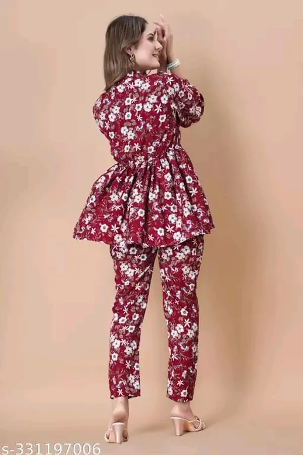 Maroon_Floral_Printed_Co-Ord_Set_With_Peplum_Top_And_Pants