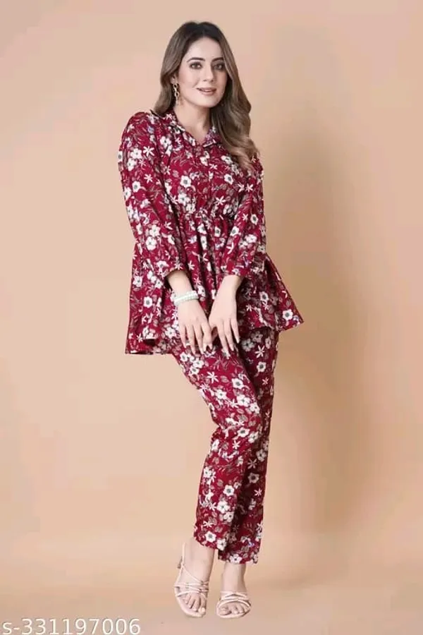 Maroon_Floral_Printed_Co-Ord_Set_With_Peplum_Top_And_Pants