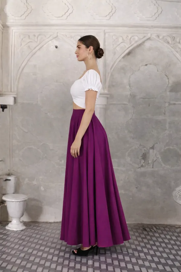 Women'S_Two-Piece_Outfit_-_White_Puff_Sleeve_Crop_Top_With_Magenta_Flared_Maxi_Skirt