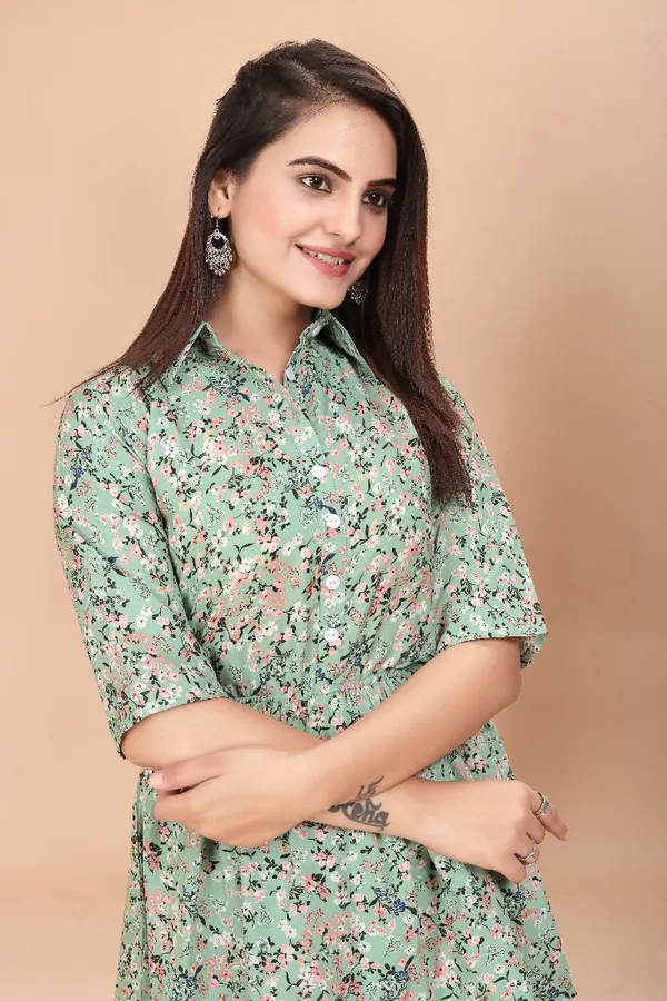 Women'S_Green_Floral_Print_Co-Ord_Set_With_Belt