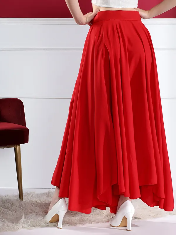 Women'S_Red_Asymmetric_Hem_Pleated_Maxi_Skirt