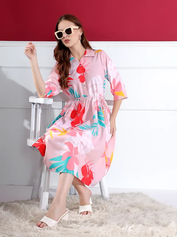 Pink_Floral_Print_Shirt_Dress_For_Women