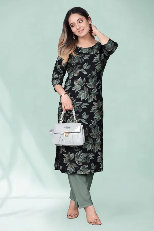 Women'S_Black_And_Green_Floral_Print_Three-Quarter_Sleeve_Kurti