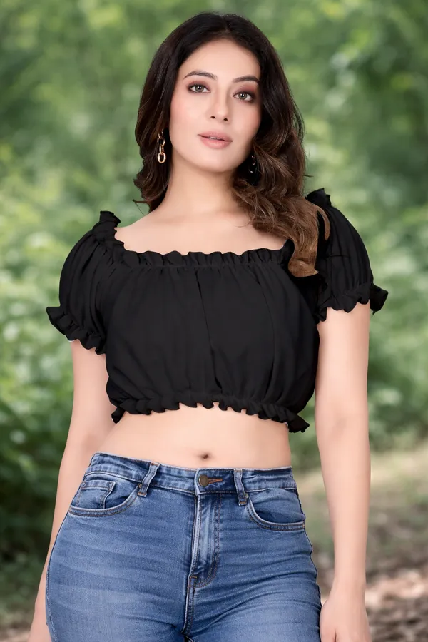 Women'S_Black_Ruffled_Off-Shoulder_Crop_Top