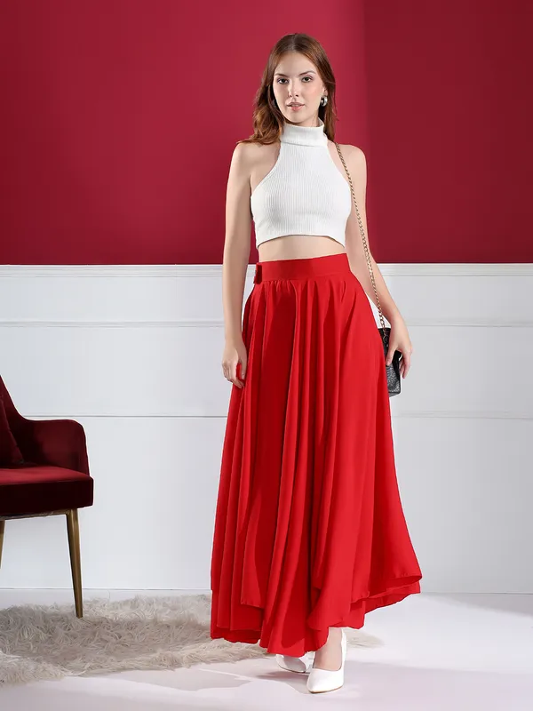Women'S_Red_Asymmetric_Hem_Pleated_Maxi_Skirt