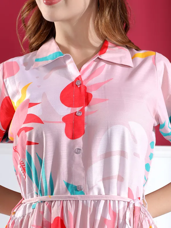 Pink_Floral_Print_Shirt_Dress_For_Women