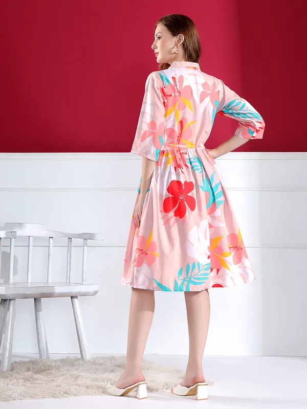 Pink_Floral_Print_Shirt_Dress_For_Women