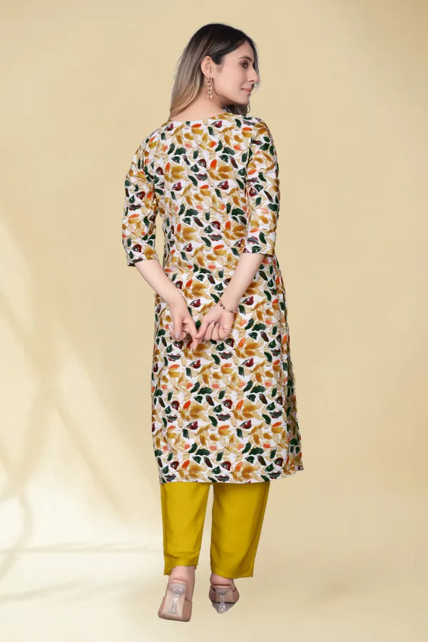 Women'S_Off-White_Floral_Print_Kurta_With_Yellow_Pants_Set