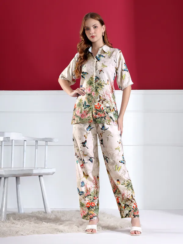 Floral_And_Butterfly_Print_Co-Ord_Set_For_Women_-_Beige