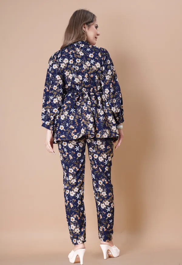 Navy_Blue_Floral_Printed_Co-Ord_Set_With_Peplum_Top_And_Pants