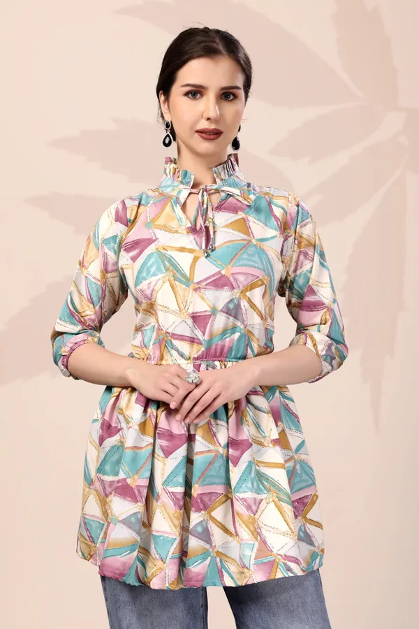 Women'S_Geometric_Print_High_Neck_Tunic_Top_With_Gathered_Waist