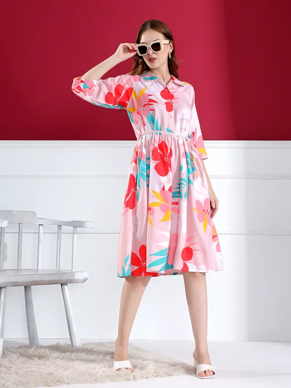 Pink_Floral_Print_Shirt_Dress_For_Women