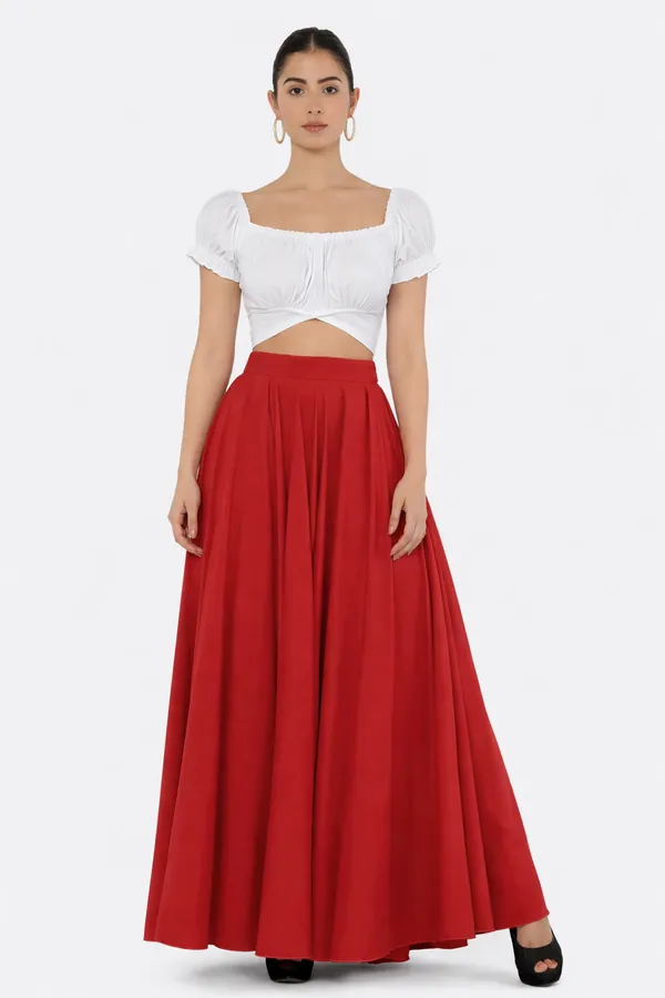 Women'S_White_Crop_Top_With_Red_Maxi_Skirt_Co-Ord_Set