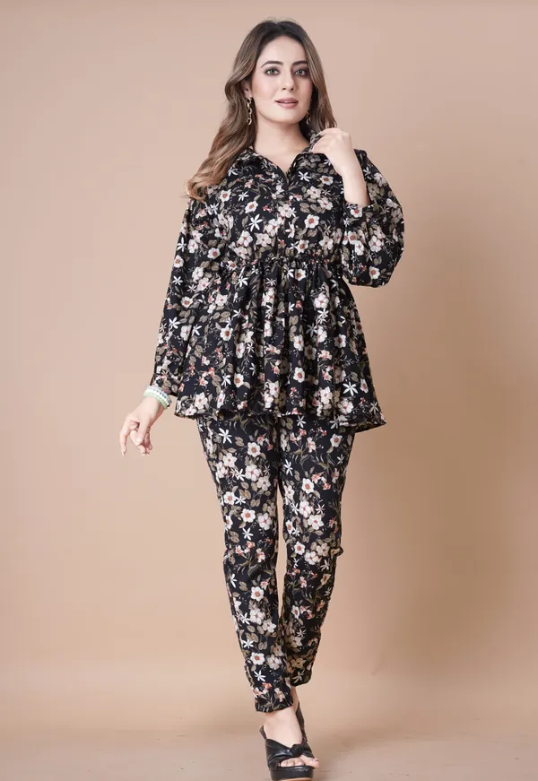 Black_Floral_Printed_Co-Ord_Set_With_Peplum_Top_And_Pants