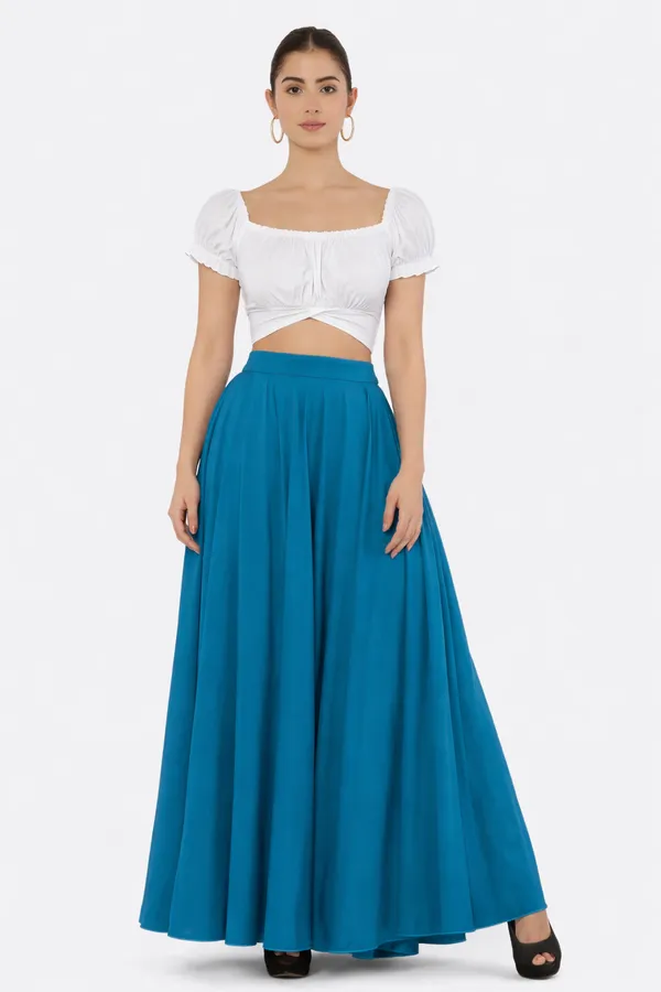 Women'S_Blue_Full-Length_Flared_Skirt_With_White_Crop_Top_Set