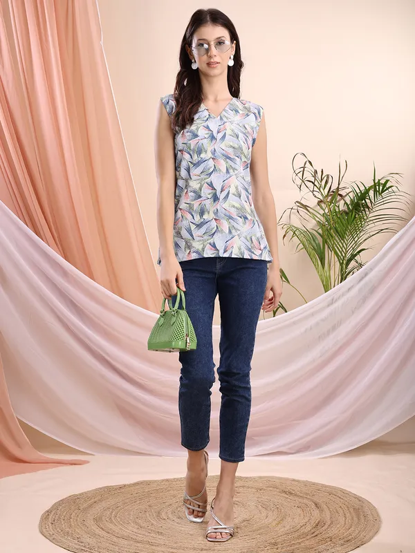 Women'S_Sleeveless_Leaf_Print_V-Neck_Top