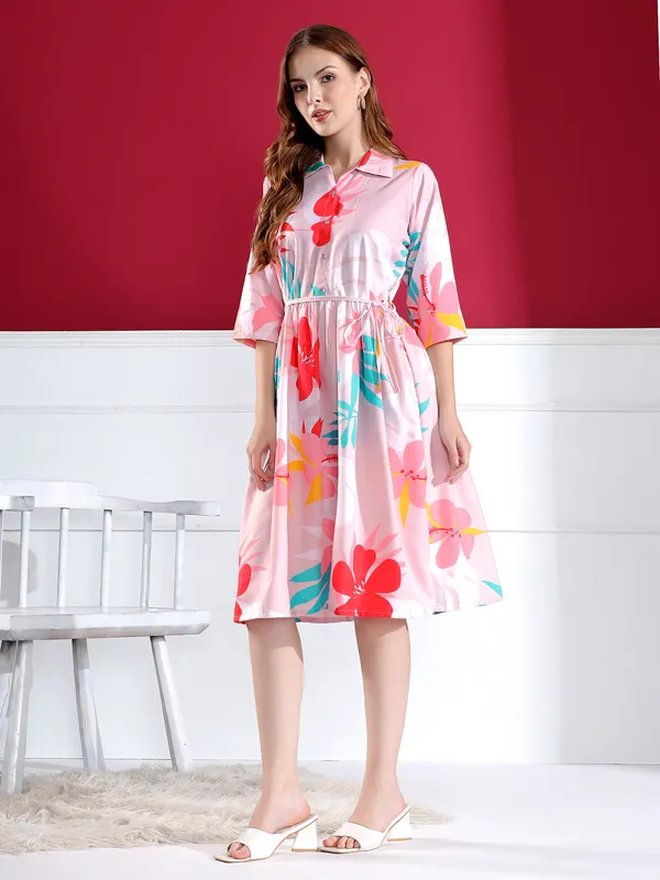 Pink_Floral_Print_Shirt_Dress_For_Women