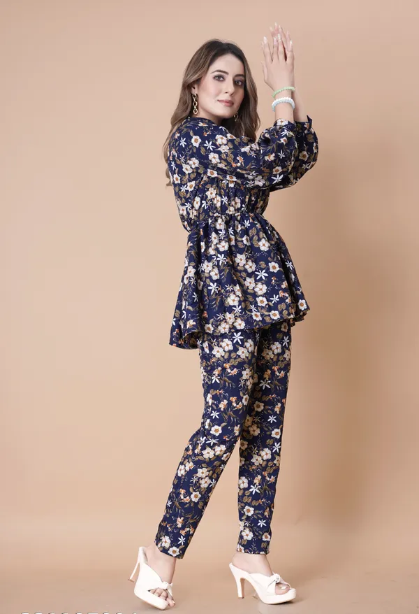 Navy_Blue_Floral_Printed_Co-Ord_Set_With_Peplum_Top_And_Pants