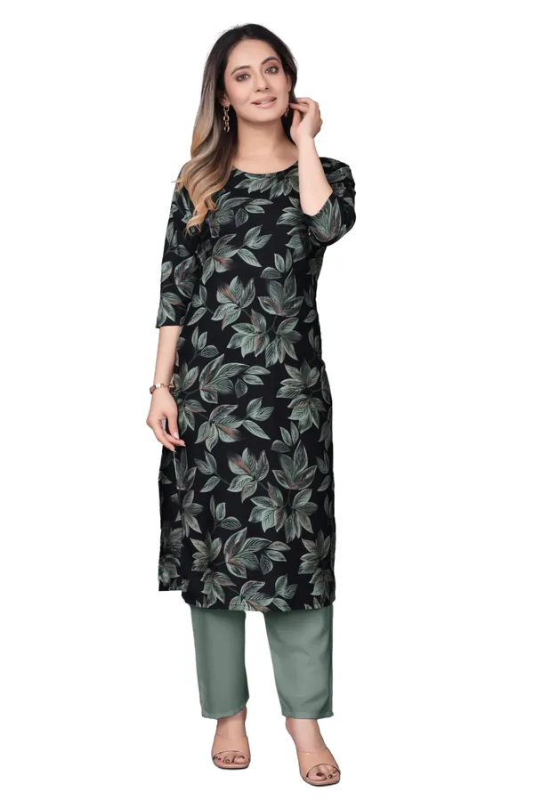 Women'S_Black_And_Green_Floral_Print_Three-Quarter_Sleeve_Kurti