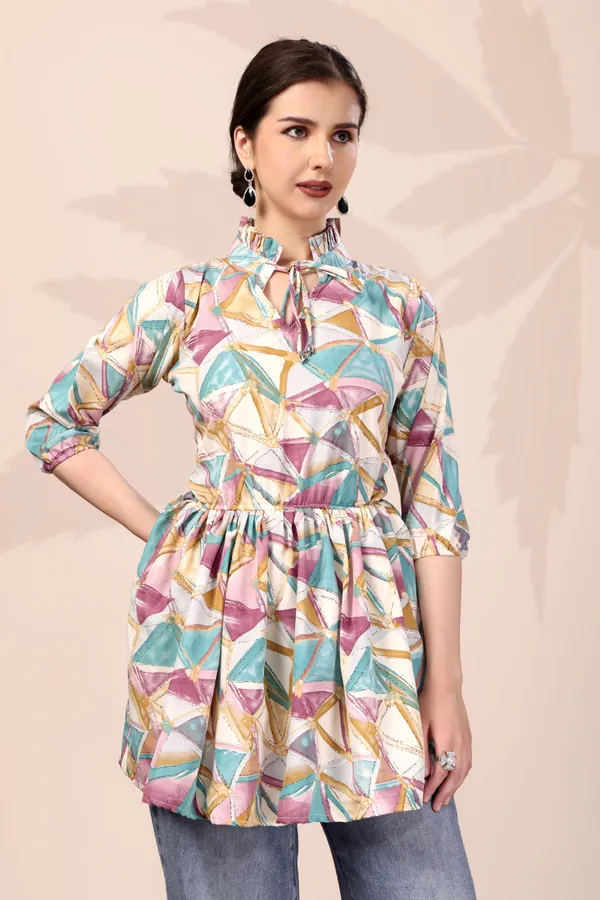 Women'S_Geometric_Print_High_Neck_Tunic_Top_With_Gathered_Waist