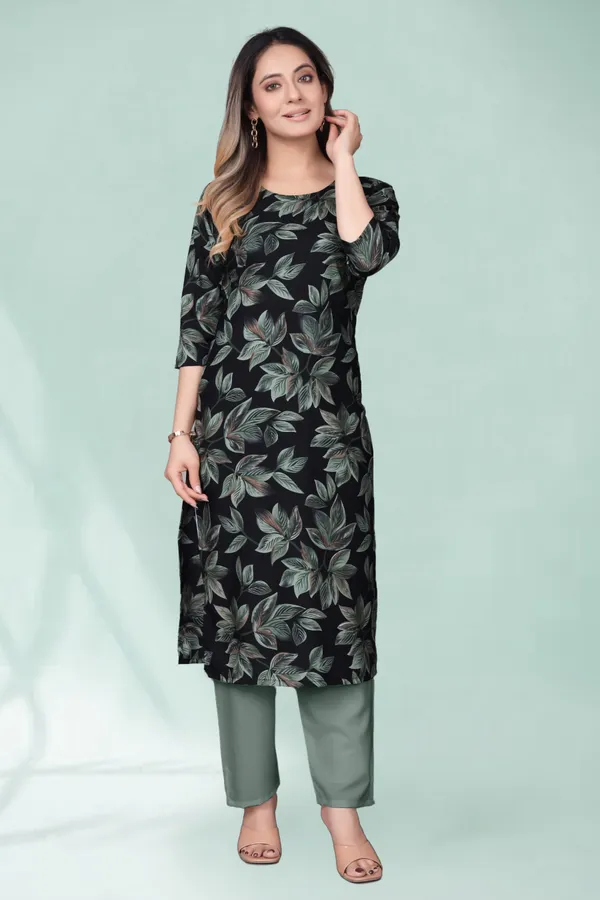 Women'S_Black_And_Green_Floral_Print_Three-Quarter_Sleeve_Kurti