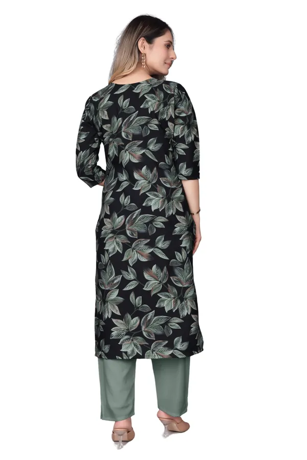 Women'S_Black_And_Green_Floral_Print_Three-Quarter_Sleeve_Kurti