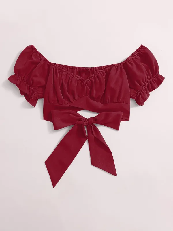 Maroon_Off-Shoulder_Crop_Top_With_Ruffle_Sleeves_And_Tie-Up_Detail