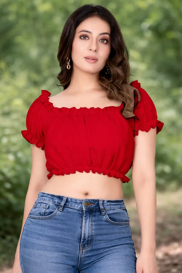 Women'S_Red_Off-Shoulder_Ruffle_Crop_Top