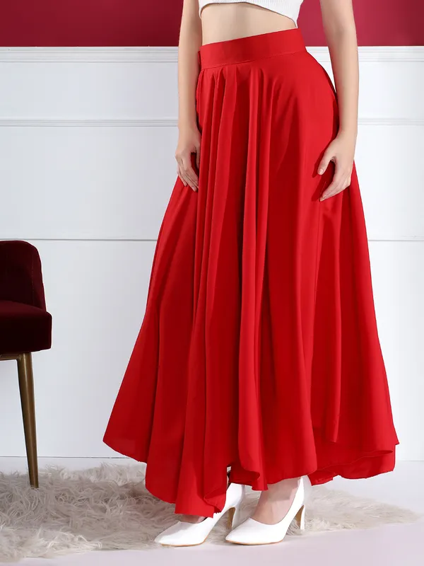 Women'S_Red_Asymmetric_Hem_Pleated_Maxi_Skirt
