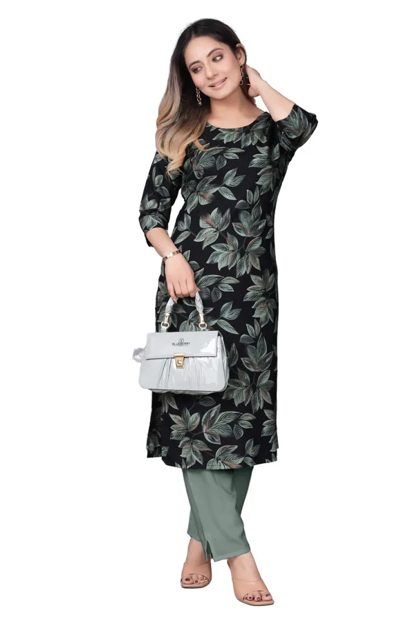 Women'S_Black_And_Green_Floral_Print_Three-Quarter_Sleeve_Kurti