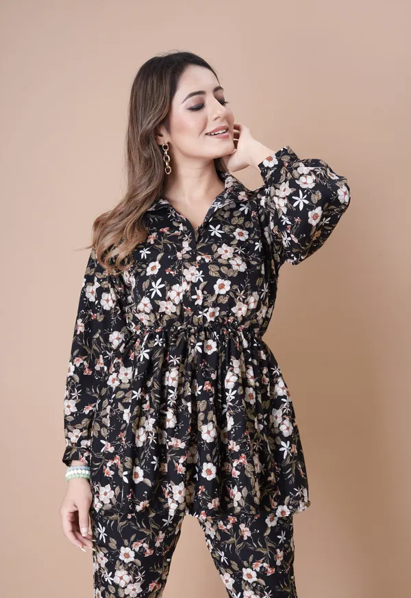 Black_Floral_Printed_Co-Ord_Set_With_Peplum_Top_And_Pants