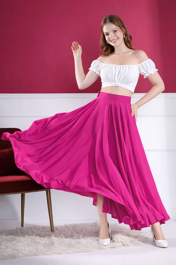 Women'S_Two-Piece_Peasant_Top_And_Flared_Skirt_Set_-_White_Crop_Top_With_Pink_Skirt