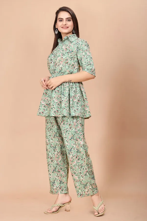 Women'S_Green_Floral_Print_Co-Ord_Set_With_Belt