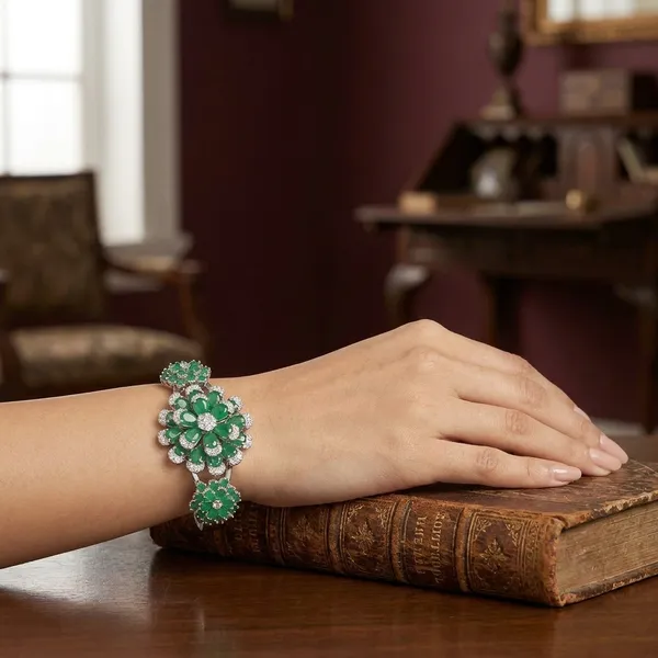 Green_Stainless_Steel_Emerald_With_American_Diamond_Flower_Design_Stone_Bangle