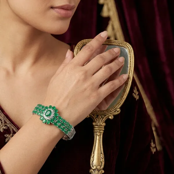 Green_Stainless_Steel_Emerald_With_American_Diamond_Flower_Design_Stone_Bangle