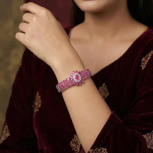 Pink_Stainless_Steel_Ruby_With_American_Diamond_Flower_Design_Stone_Bangle