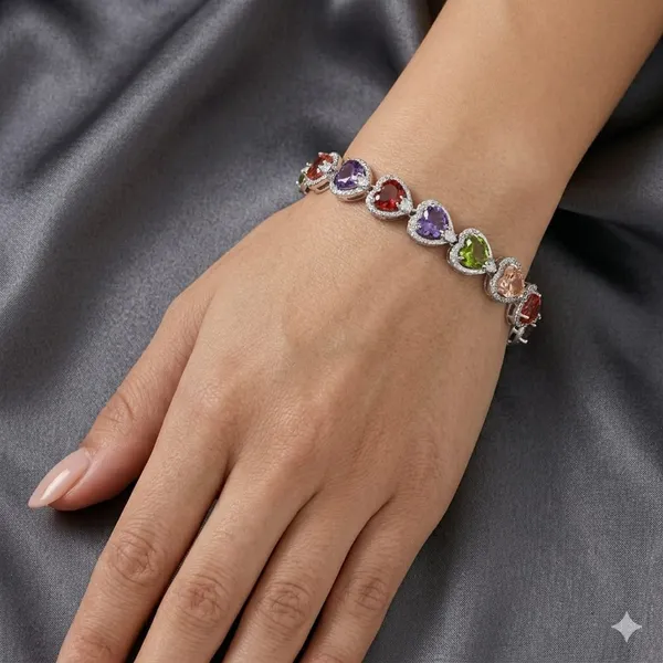 Charmed_Hearts"_Multi-Gemstone_Rainbow_Tennis_Bracelet_in_Polished_Silver
