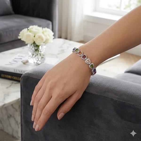 Charmed_Hearts"_Multi-Gemstone_Rainbow_Tennis_Bracelet_in_Polished_Silver