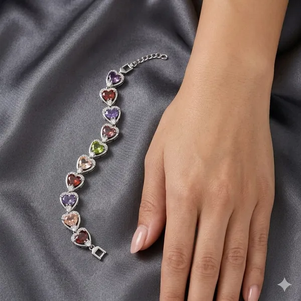 Charmed_Hearts"_Multi-Gemstone_Rainbow_Tennis_Bracelet_in_Polished_Silver