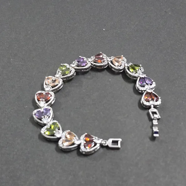 Charmed_Hearts"_Multi-Gemstone_Rainbow_Tennis_Bracelet_in_Polished_Silver