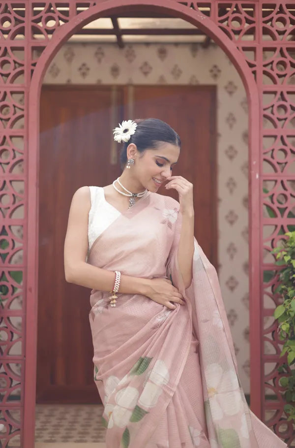 Peach_Kota_Doria_Saree