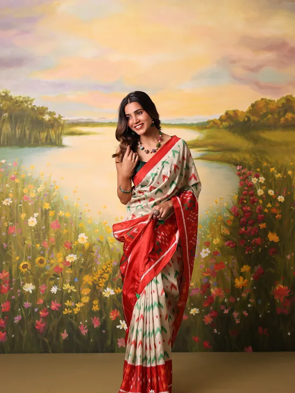 White_And_Orange_Messi_Silk_Saree