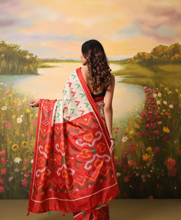 White_And_Orange_Messi_Silk_Saree